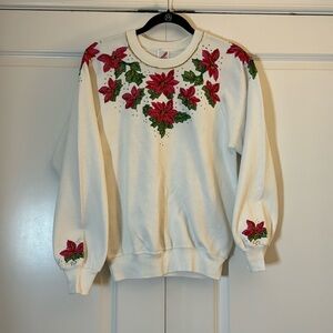 Vintage Poinsettia Christmas Red Green Gold Glitter Crew Sweatshirt M 🎄